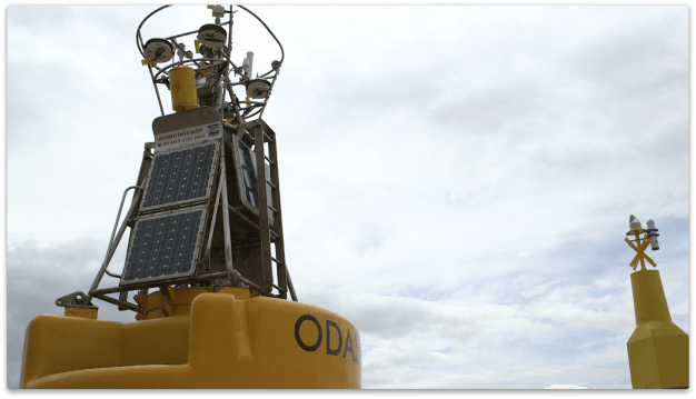 Moored buoys monitor conditions at fixed locations supplying data to create models of ocean conditions.