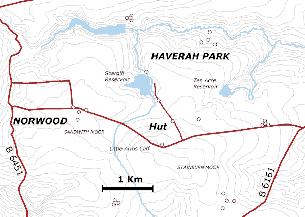 Map of the Haverah Park observatory, North Yorkshire. Hut is marked at the centre, near Little Arms Cliff. Groups of circles kilometres away from the hut indicate positions of cosmic ray detectors.