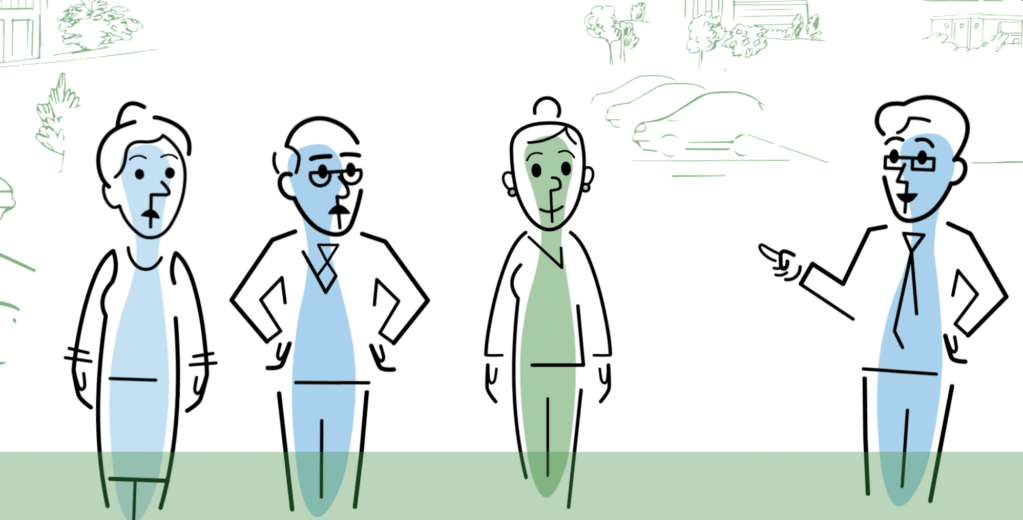 Frame from animation: Jag is outdoors in a park with 3 of his managers trying to get them to think differently