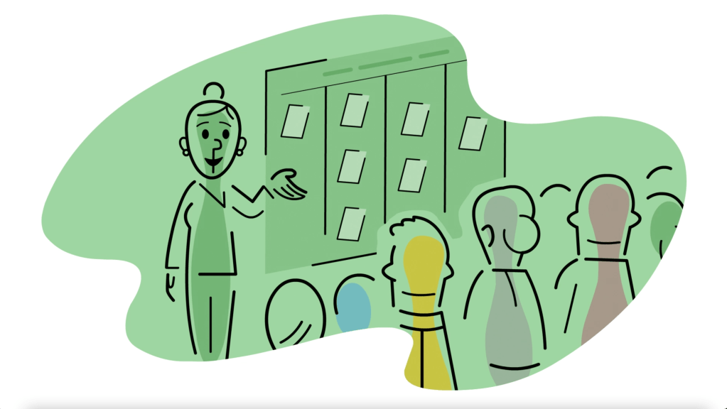 Frame from anmation: a team leader points to diagram and talks with her team