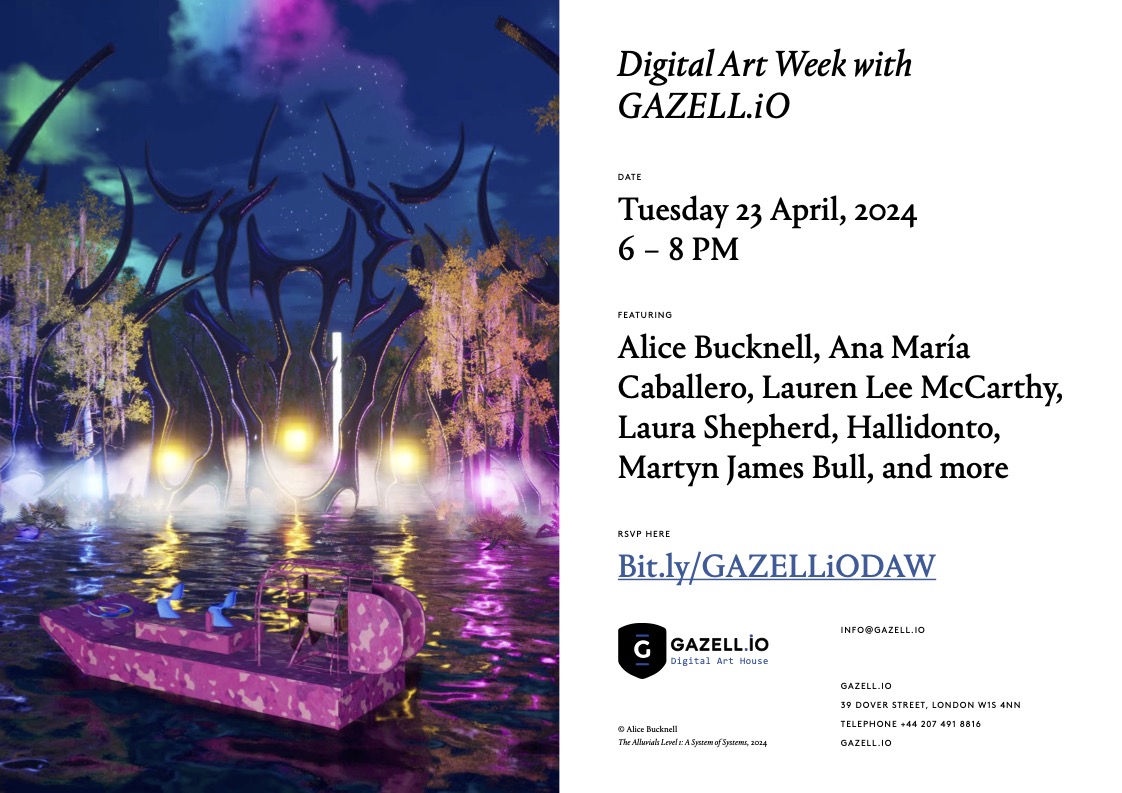 Poster with pink graphics for Digital Art Week London with Gazell.io on Tuesday 23 April, 2024