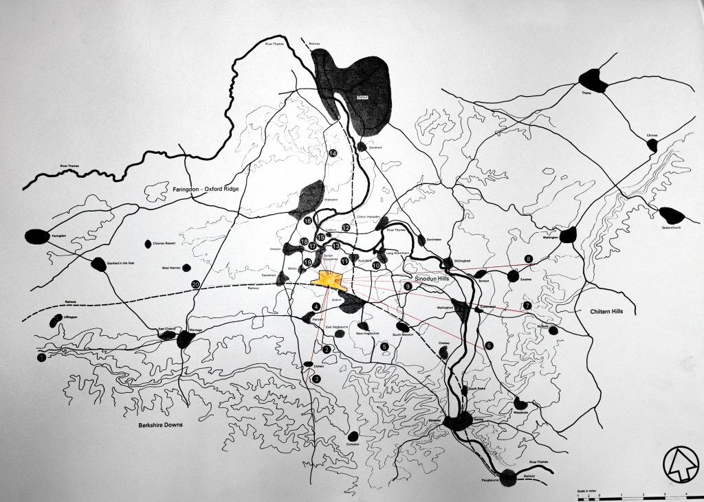 Line drawing map with power station in middle, plus black spots with numbers placed on contour lines of surrounding landscape