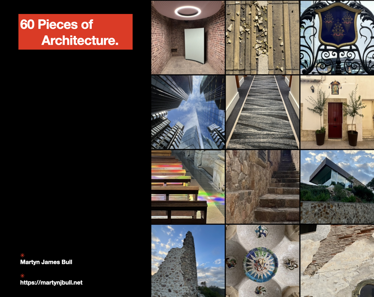 A grid of 12 different photos, indoors and outdoors, with architectural features